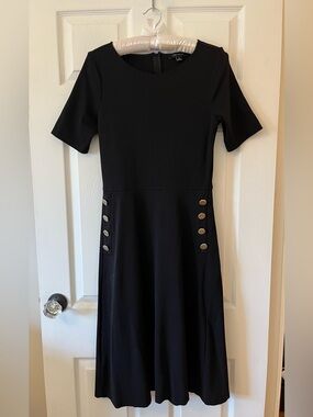 Ann Taylor Black Midi Dress with Gold-Tone Buttons
